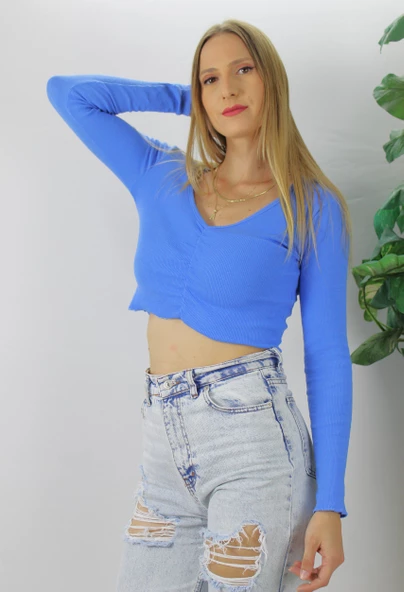 Büzgülü Fitilli Bluz Mavi  - 94574 ürün görseli 1