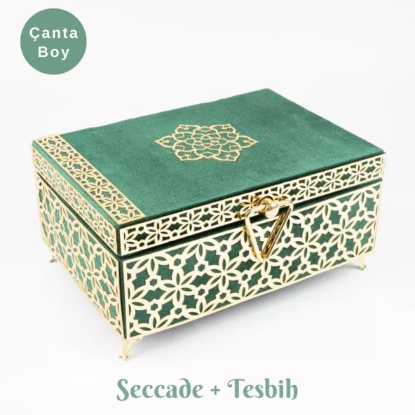 Desenli Kutu Çeyizlik, Seccade + Tesbih + Kuran Hediye Seti (Çanta Boy, Kadife, Yeşil, Elif-Vav) ürün görseli 1