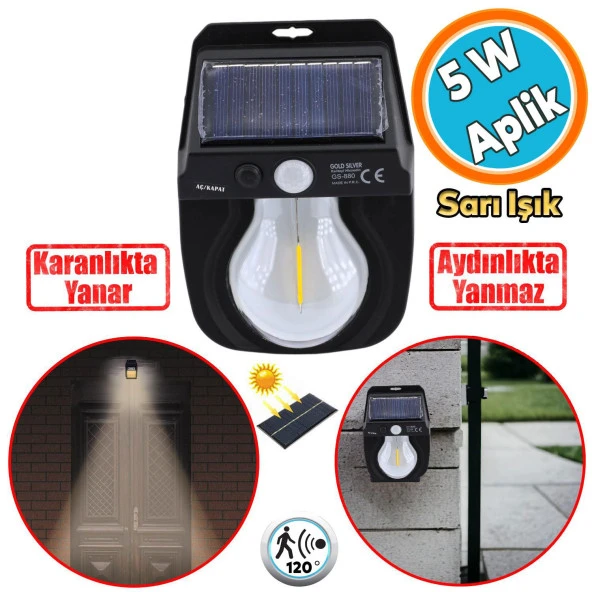 Güneş Enerjili Aplik Dış Aydınlatma 3 Modlu Işıklandırma Sensörlü Sarı Işıklı 5 W Portatif Fener Lamba ürün görseli 1