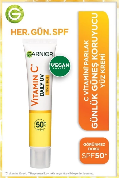 Garnier C Vitamini Parlak Günlük Güneş Koruyucu Fluid Yüz Kremi Görünmez Doku SPF50+ 40ML ürün görseli 1