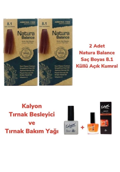 NATURA BALANCE SAÇ BOYASI 8.1 KÜLLÜ AÇIK KUMRAL BAKIR 2 ADET + KALYON TIRNAK BESLEYİCİ VE BAKIM YAĞI ürün görseli 1
