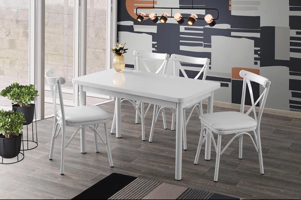 Sabit 70x120  Masa Beyaz 4 Adet Çapraz SandalyeTakım ürün görseli 1