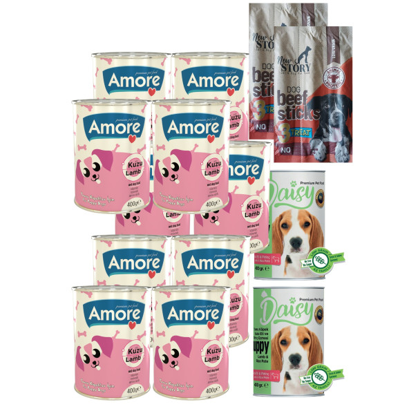 Amore 10+2 Kuzu Parça Etli Yavru Köpek Konservesi, 2 adet 3lü Sticks ürün görseli 1