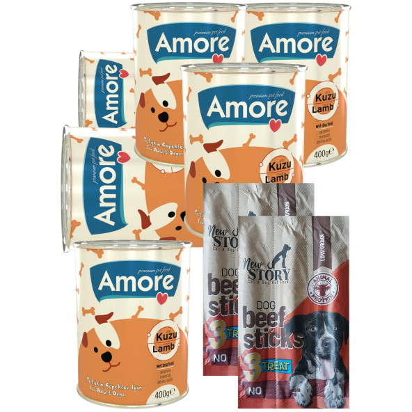 Amore Kuzu Parça Etli Yetişkin Köpek Konservesi 6lı, 3lü Sticks Ödül ürün görseli 1