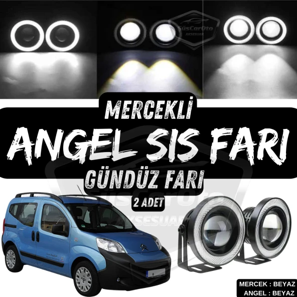 Citroen Nemo 2008-2022 Uyumlu Üniversal Mercekli Angel Sis Farı Metal 76 mm Beyaz Halkalı Gündüz Farı Angel 2 Adet ürün görseli 1