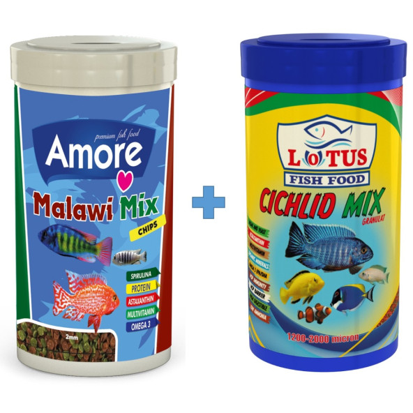 Amore Malawi Mix Chips 1000ml Ve Lotus Cichlid Mix 1000ml Kutu Balık Yemi ürün görseli 1