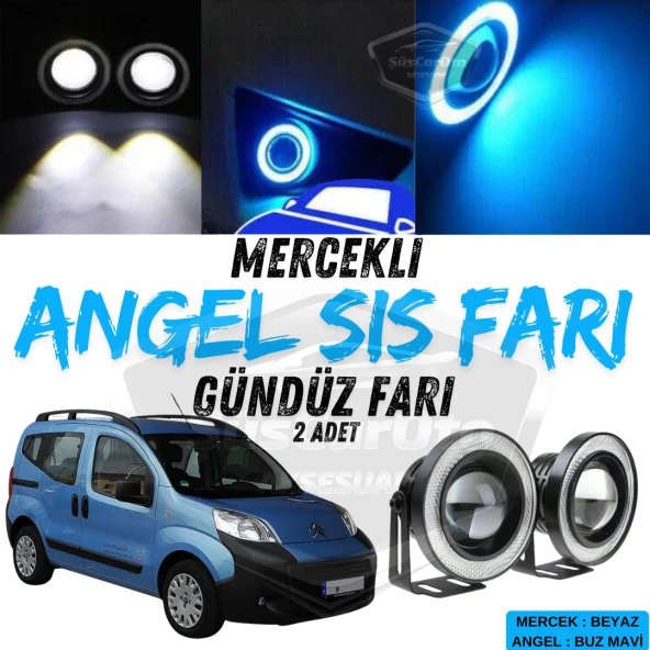 Citroen Nemo 2008-2022 Uyumlu Üniversal Mercekli Angel Sis Farı Metal 76 mm Buz Mavi Halkalı Gündüz Farı Angel 2 Adet ürün görseli 1