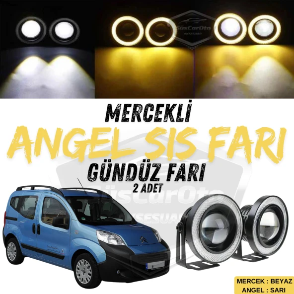 Citroen Nemo 2008-2022 Uyumlu Üniversal Mercekli Angel Sis Farı Metal Su Geçirmez 76 mm Sarı Halkalı Gündüz Farı 2 Adet ürün görseli 1