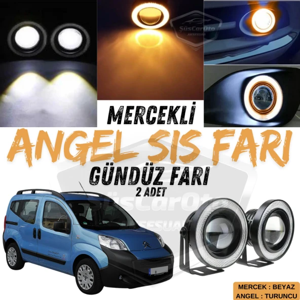 Citroen Nemo 2008-2022 Uyumlu Üniversal Mercekli Angel Sis Farı Metal Su Geçirmez 76 mm Turuncu Halkalı Gündüz Farı ürün görseli 1
