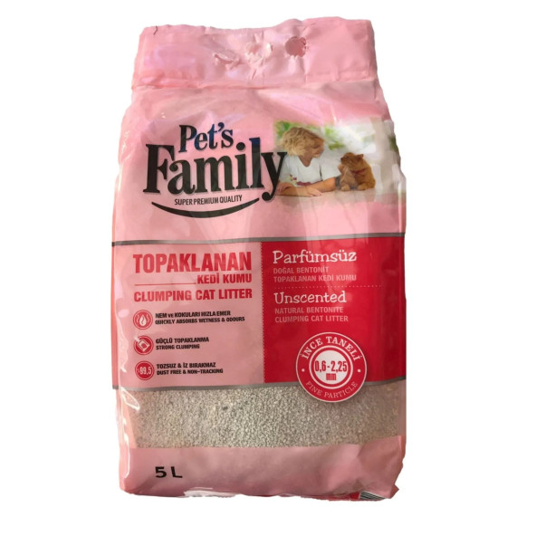 Pets Family Hızlı Topaklanan Doğal Bentonit Parfümsüz Ince Taneli Premium Kedi Kumu 5 L ürün görseli 1
