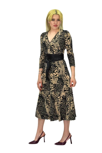 Kadın Viskon Leopar Desenli  V Yaka Elbise BGL-ST03536 ürün görseli 1