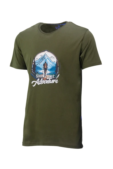 Erkek Bisiklet Yaka Mevsimlik Adventure Baskılı Standart Fit Haki T-Shirt ürün görseli 1