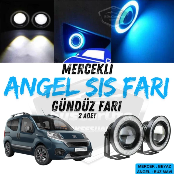 Fiat Fiorino 2008-2023 Uyumlu Üniversal Mercekli Angel Sis Farı Metal 76 mm Buz Mavi Halkalı Gündüz Farı 2 Adet ürün görseli 1