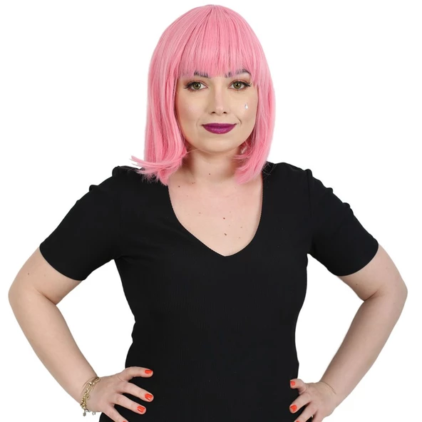  Küt Kahküllü Fiber Sentetik Peruk - Şeker Pembe H7809G-T2311-PM-14X ürün görseli 1