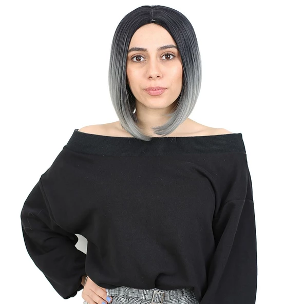 Kahkülsüz Düz Kısa Fiber Sentetik Peruk - Siyah / Gri Ombreli H9041-2F89A-PM-14X ürün görseli 1