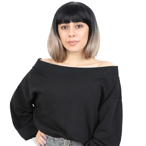 Kısa Küt Perçemli Fiber Sentetik Peruk - Siyah / Küllü Bebek Sarı Ombreli H7803-2F85-612-PM-14X ürün görseli 1