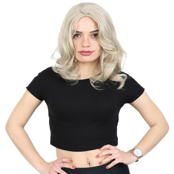 Kahkülsüz Fiber Sentetik Orta Boy Dalgalı Peruk - Balköpüğü / Platin Röfleli H9827-24B613-PM-14X ürün görseli 1