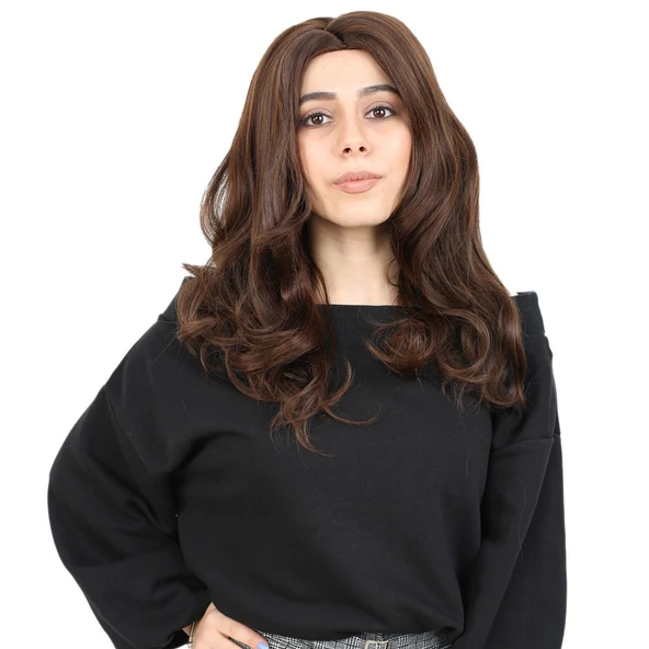 Kahkülsüz Fiber Sentetik Orta Boy Dalgalı Peruk - Kahve Karamel H9827-2-30-PM-14X ürün görseli 1