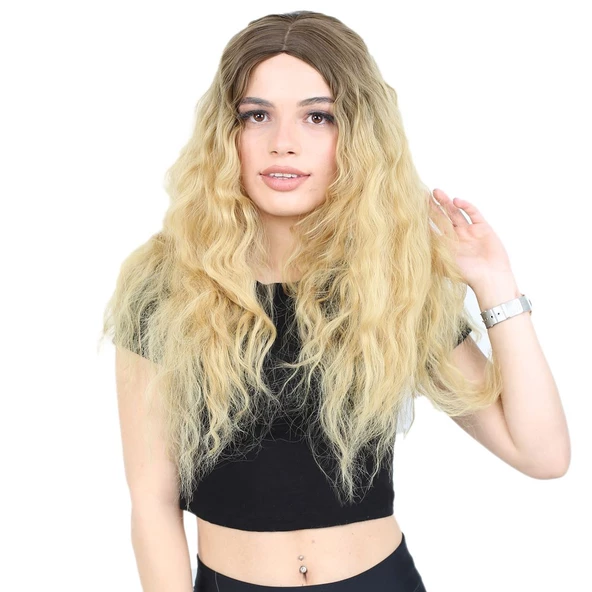 Kabarık Dalgalı Uzun Fiber Sentetik Peruk - Kumral / Sarı Ombreli H9048-10F86-PM-14X ürün görseli 1