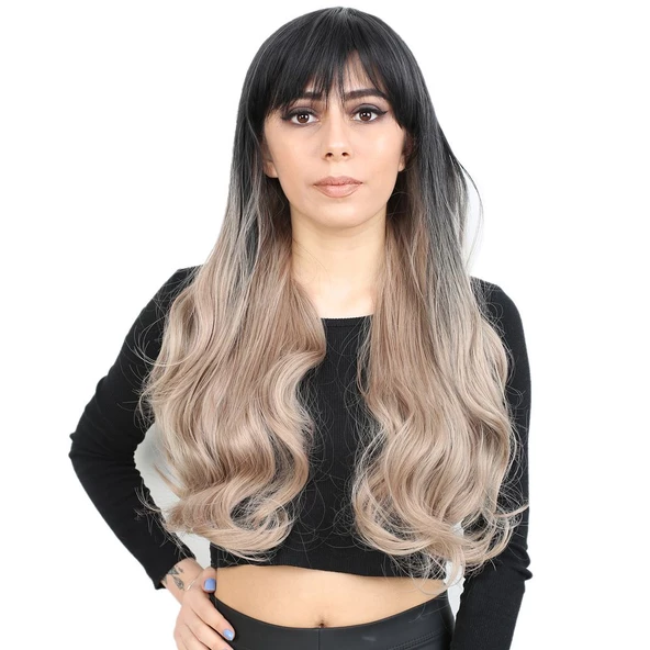 Kahküllü Uzun Dalgalı Fiber Sentetik Peruk - Siyah / Küllü Bebek Sarı  Ombreli H9632-2F85-612-PM-14X ürün görseli 1