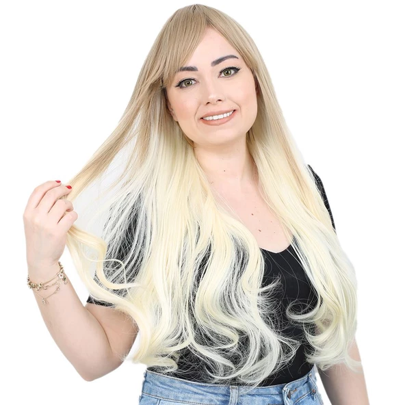 Kahküllü Uzun Dalgalı Fiber Sentetik Peruk - Küllü Balköpüğü / Platin Ombreli H9632-85F613-PM-14X ürün görseli 1