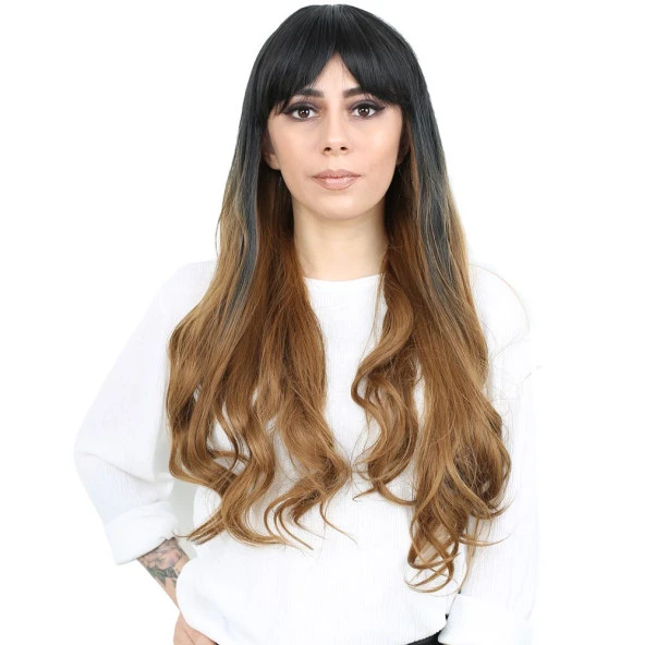 Kahküllü Uzun Dalgalı Fiber Sentetik Peruk - Siyah / Karamel Ombreli H9632-2F27-PM-14X ürün görseli 1