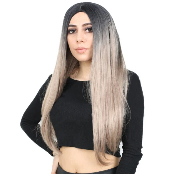 Fiber Sentetik Uzun Düz Peruk - Siyah / Küllü Bebek Sarı Ombreli H9016-2F85-612-PM-14X ürün görseli 1