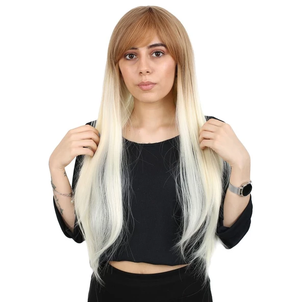 Fiber Sentetik Uzun Düz Kahküllü Peruk - Balköpüğü / Platin Ombreli H9630-36F613-PM-14X ürün görseli 1