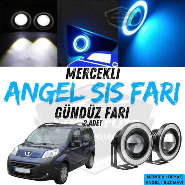 Peugeot Bipper 2008-2022 Uyumlu Üniversal Mercekli Angel Sis Farı Metal Su Geçirmez 76 mm Buz Mavi Halkalı Gündüz Farı ürün görseli 1