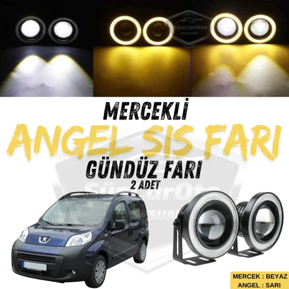 Peugeot Bipper 2008-2022 Uyumlu Üniversal Mercekli Angel Sis Farı Metal Su Geçirmez 76 mm Sarı Halkalı Gündüz Farı ürün görseli 1