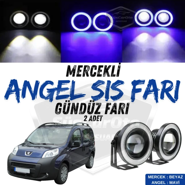 Peugeot Bipper 2008-2022 Uyumlu Üniversal Mercekli Angel Sis Farı Metal Su Geçirmez 76 mm Mavi Halkalı Gündüz Farı ürün görseli 1