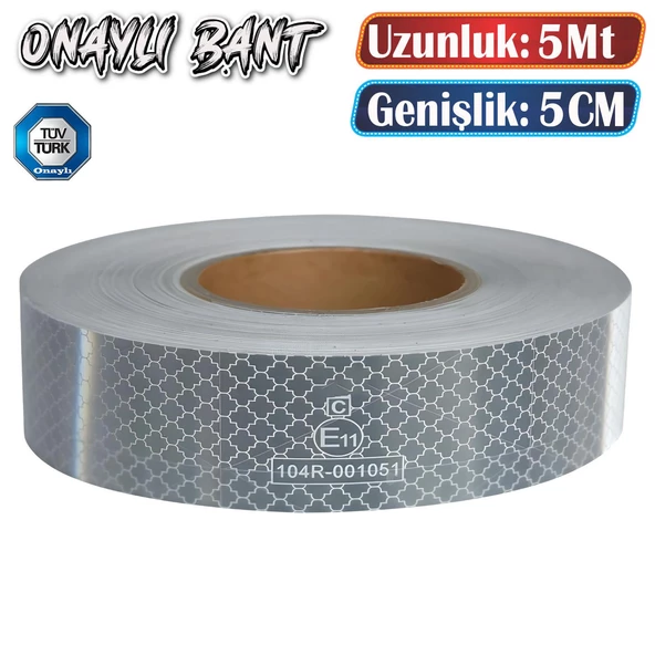 Tüvtürk Onaylı Belgeli Bant 5 Metre 5 cm Beyaz Reflektörlü Reflektif Fosforlu Şerit Bant İkaz Bandı ürün görseli 1