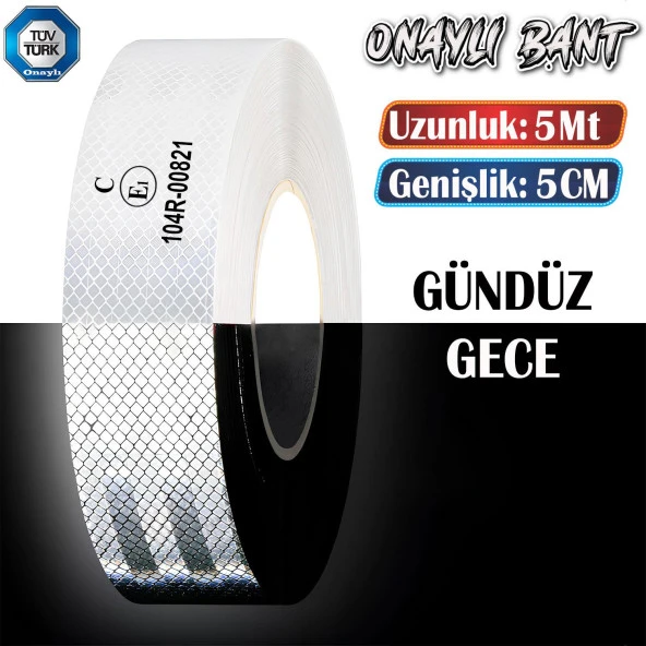 Tüvtürk Onaylı Bant Beyaz 5 Metre 5 cm Belgeli Reflektörlü Reflektif Fosforlu Şerit Bant İkaz Bandı ürün görseli 1