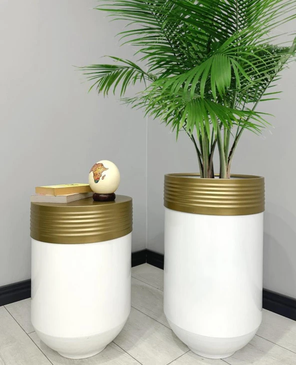 ELEGANT Dekoratif Eskitme Darbuka Parlak Beyaz Saksı 70cm + Sehpa 60cm İkili Set ürün görseli 1