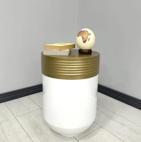 ELEGANT Dekoratif Eskitme Darbuka Parlak Beyaz Sehpa 60cm ürün görseli 1