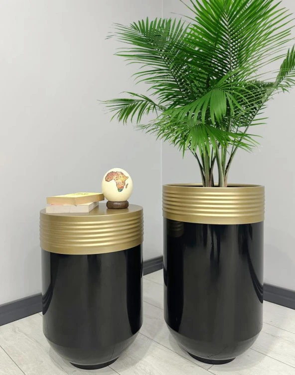 ELEGANT Dekoratif Eskitme Darbuka Parlak Siyah Saksı 70cm + Sehpa 60cm İkili Set ürün görseli 1