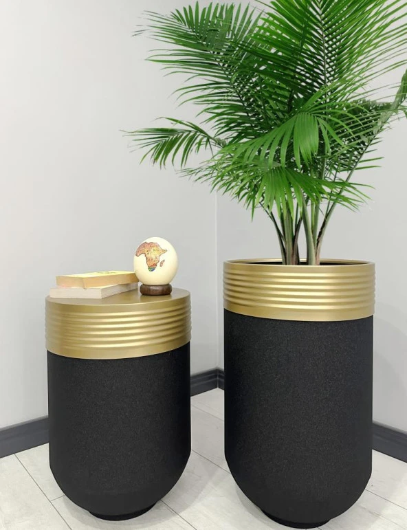 ELEGANT Dekoratif Eskitme Darbuka Siyah Saksı 70cm + Sehpa 60cm İkili Set ürün görseli 1