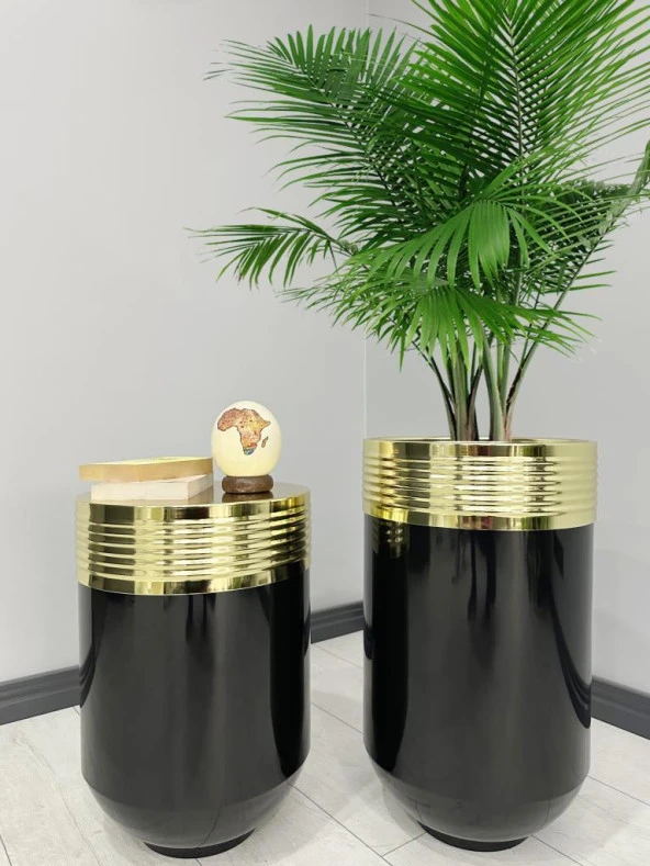 ELEGANT Dekoratif Gold Darbuka Parlak Siyah Saksı 70cm + Sehpa 60cm İkili Set ürün görseli 1