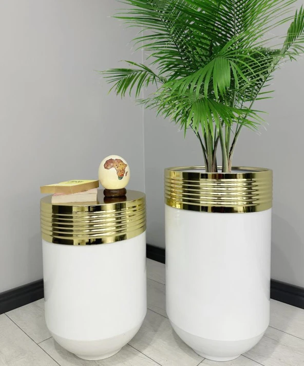 ELEGANT Dekoratif Gold Darbuka Parlak Beyaz Saksı 70cm + 60cm Sehpa İkili Set ürün görseli 1