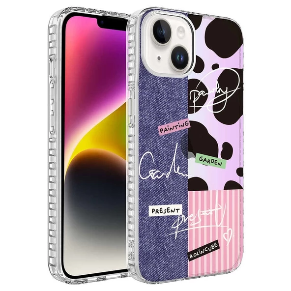 iPhone 14 Uyumlu  Uyumlu KılıfAirbag Kenarlı Renkli Desenli Silikon Elegans Kapak ürün görseli 1