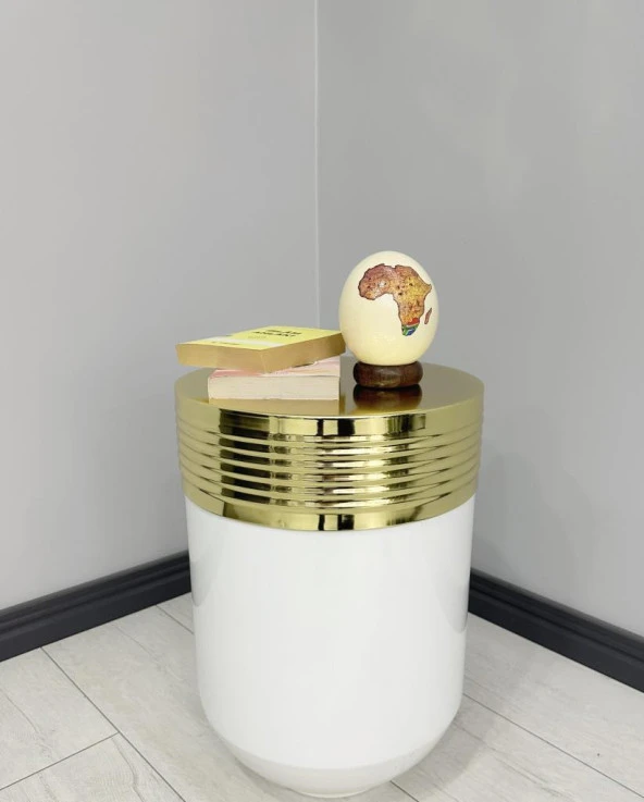ELEGANT Dekoratif Gold Darbuka Parlak Beyaz Sehpa 60cm ürün görseli 1