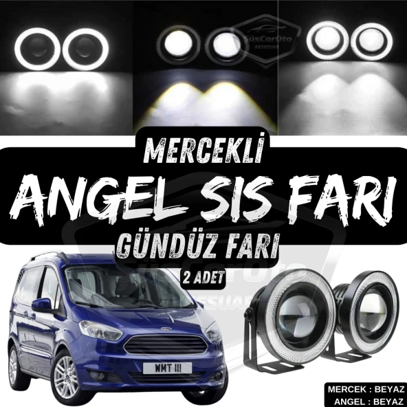 Ford Courier 2014-2023 Uyumlu Üniversal Mercekli Angel Sis Farı Metal Su Geçirmez 76 mm Beyaz Halkalı Gündüz Farı ürün görseli 1