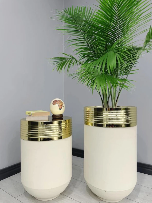 ELEGANT Dekoratif Gold Darbuka Krem Saksı 70cm + Sehpa 60cm İkili Set ürün görseli 1