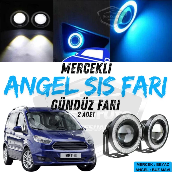 Ford Courier 2014-2023 Uyumlu Üniversal Mercekli Angel Sis Farı Metal Su Geçirmez 76 mm Buz Mavi Halkalı Gündüz Farı ürün görseli 1