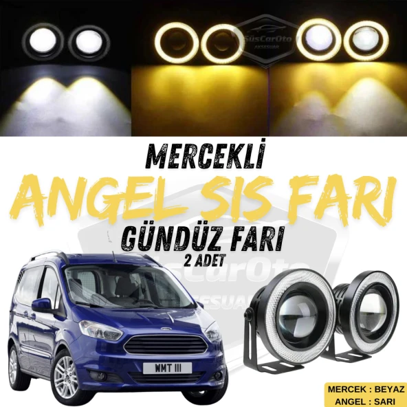 Ford Courier 2014-2023 Uyumlu Üniversal Mercekli Angel Sis Farı Metal Su Geçirmez 76 mm Sarı Halkalı Gündüz Farı ürün görseli 1