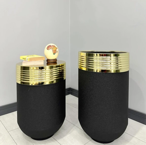 ELEGANT Dekoratif Gold Darbuka Siyah Saksı 70cm + Sehpa 60cm İkili Set ürün görseli 1