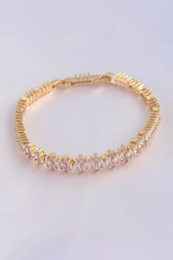 Vip Seri Pirinç Pembe Zirkon Taşlı Gold Renk Baget Model Bileklik - EBJ240608W24798 ürün görseli 1