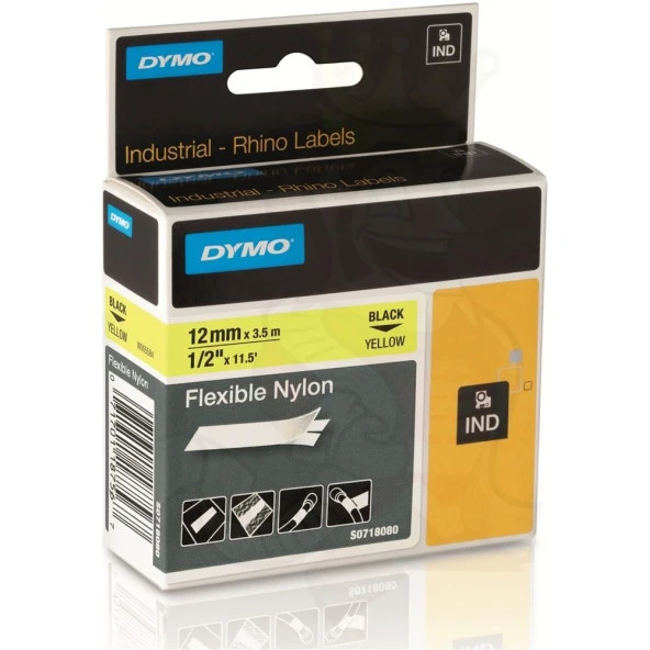 Dymo RhinoPRO Esnek Naylon 12mmx3,5m Sarı-Siyah ürün görseli 1