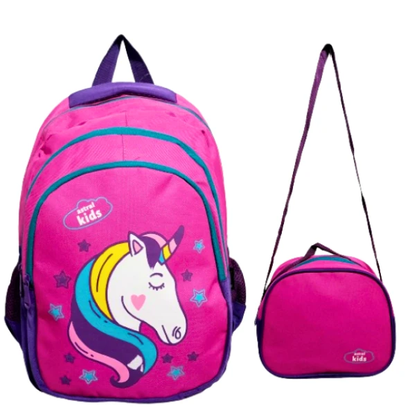3 gözlü ilkokul çantası beslenmeli takım su geçirmez full astarlı unicorn ürün görseli 1