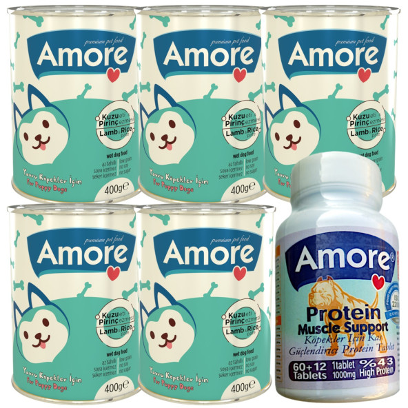 Amore Kuzu Etli Pirinçli Yavru Köpek Konservesi 5li Ve Kas Desteği 72 Adet Protein Xl Tableti Muscle ürün görseli 1